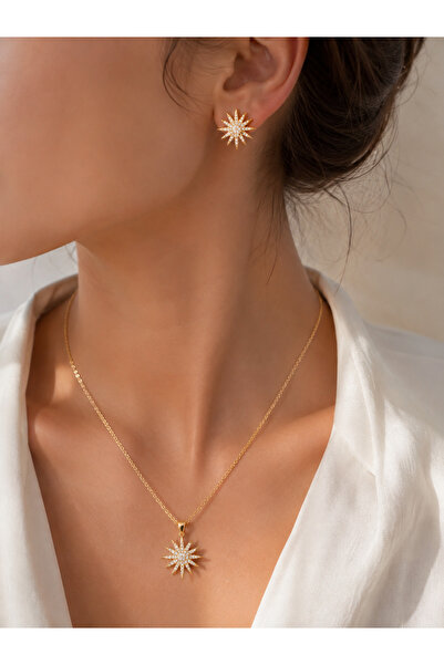 FASHION Women's Gold Color Zircon Stone Pole Star Necklace Earring Set Does N...