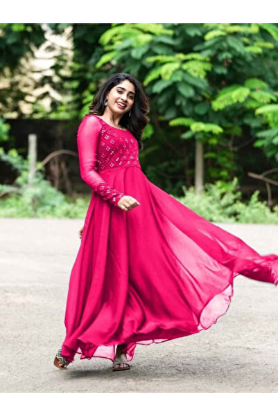 MYSMAR Pink Faux Georgette Mirror Work Anarkali Gown - NJF8475 | Pink-Size:M-...