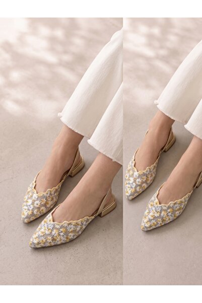 Yula Fashion Shoes Dantel Kadın Çiçek İşlemeli Günlük Lastikli Kadın Ayakkabı