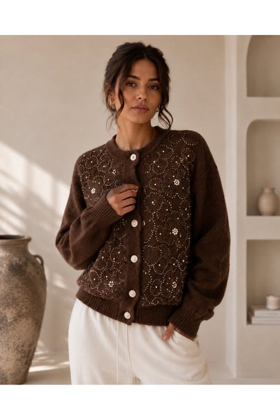 Hisset collection Kadın Çiçek İşlemeli İnci Detaylı Düğmeli Yumuşak Dokulu Tr...