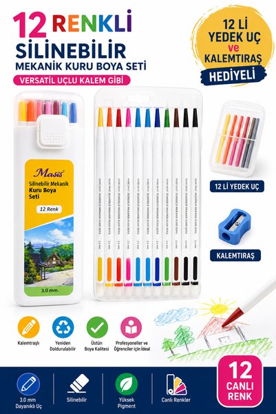 Masis Silinebilir Mekanik Kuru Boya Seti 12 Renk 3 mm Versatil Kuru Boya Kale...