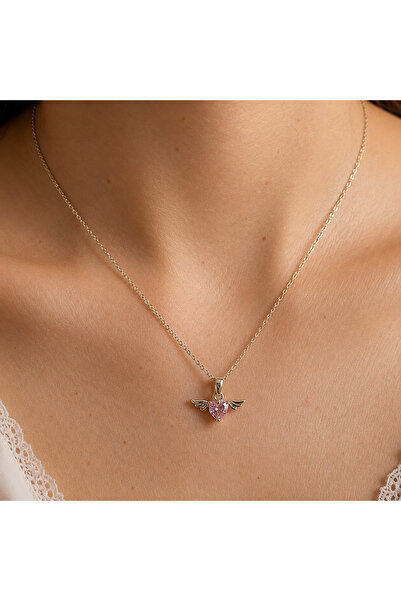 nerora Heart Stone Wing Necklace Gift Gold Pink