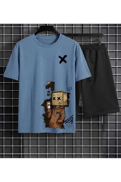 T-Shirt Şort - Şortlu Tişört Alt Üst Takım Baskılı Bisiklet Yaka