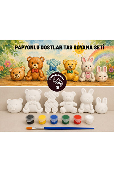 Papyonlu Dostlar Taş Boyama Seti (6 Obje + 6 Renk Boya + 1 Fırça + Boyama Sertifikası)