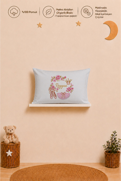 Pia Baby İsme Özel Kız Bebek Yastık Kılıfı 35x45 cm %100 Pamuk Organik Baskıl...