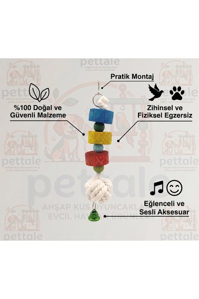 PetTale Wooden Beaded Knot Bird Toy with Rattle, Colorful Budgie and Parrot Toy