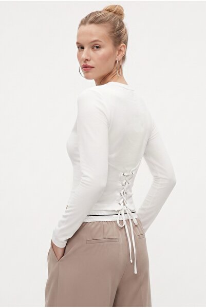 Ritnice Women's Remy Waist-Fitted Back-Tie Combed Cotton Ecru Long Sleeve Kni...