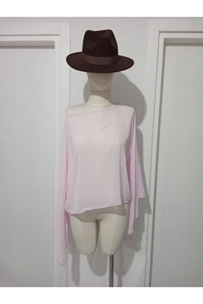 Butik2 KADİN YARASA KOLLU DÖKÜMLÜ GENİŞ TARZ CROP TÜL ŞİFON BLUZ