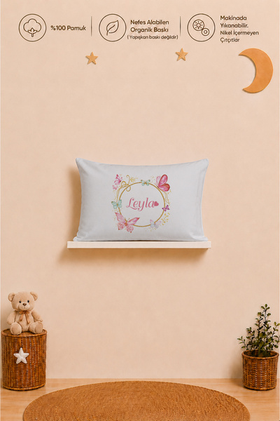 Pia Baby İsimli Kız Bebek Yastık Kılıfı 35x45 cm %100 Pamuk Organik Baskılı İ...