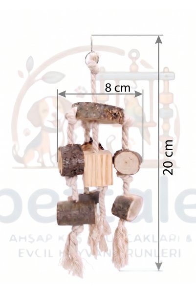 PetTale Natural Wood and Cotton Rope Bird Toy - Parakeet and Cockatiel Biting and Nibbling Toy