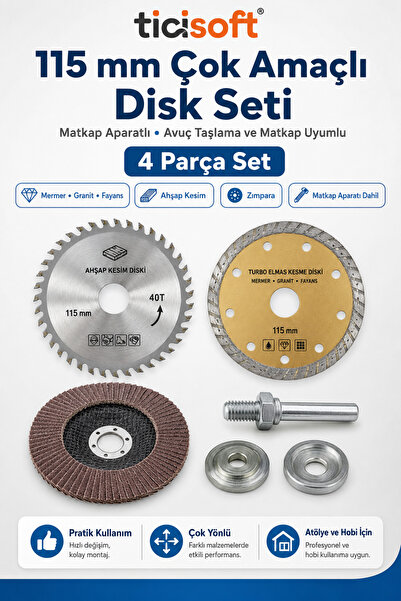 Ticisoft 115 mm Çok Amaçlı Disk Seti Matkap Aparatlı 4 Parça Ahşap Mermer Gra...