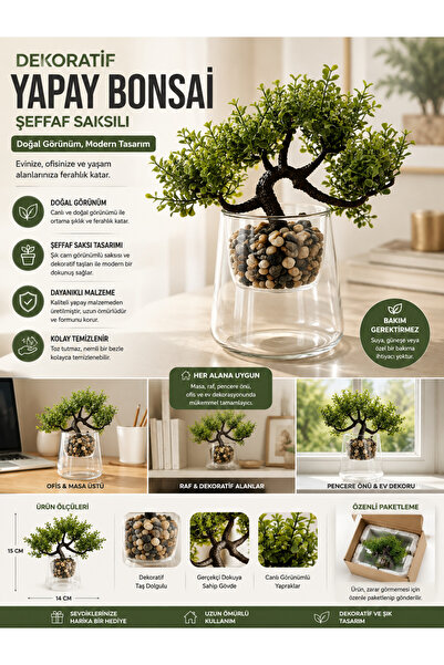 PANORAMA Dekoratif Yapay Bonsai Ağacı – Şeffaf Saksılı Taşlı Yapay Bitki Ev O...