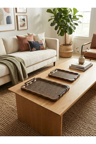 Generic Rectangular Dark Brown Wooden Serving Tray Set with Handles on Sides ...