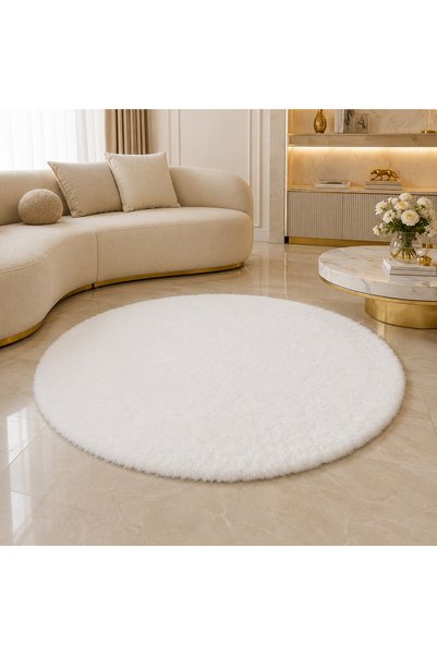 Volas Beyaz Yuvarlak Peluş Halı Yumuşak Dokulu Modern Salon ve Oturma Odası H...