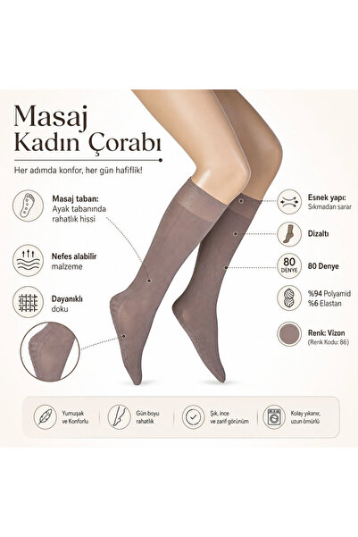 TeOraStore Kadın 4'lü Set Anne Masaj Tabanlı Dizaltı Çorap 80 Denye Esnek Rahat Günlük Kullanım