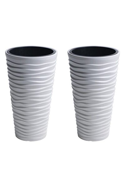 Solplant Set 2 ghivece de flori, Sand Slim, rotunde, înalte, 39x75 cm, albe, ...