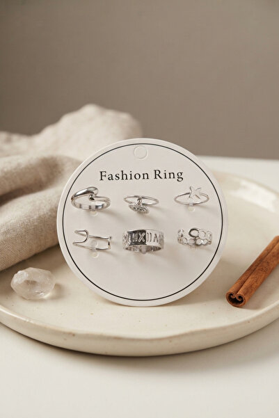 Mega Bazaar Silver Color Brass Bohemian Detailed 6-Piece Ring Set Byk4310