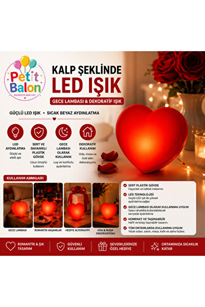 Genel Markalar Kalp Şeklinde Kırmızı Led Gece Lambası Pilli Romantik Dekorati...
