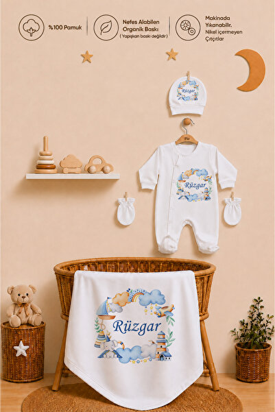 Pia Baby Kişiye Özel Erkek Bebek Tulum Set 4 Parça %100 Pamuk İsimli Organik ...