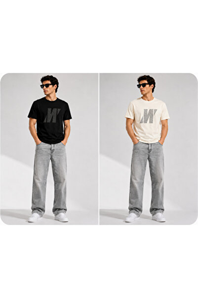 Mavi PRO Baskılı Unisex 2'li Tişört Siyah Ekru Bisiklet Yaka Regular Fit