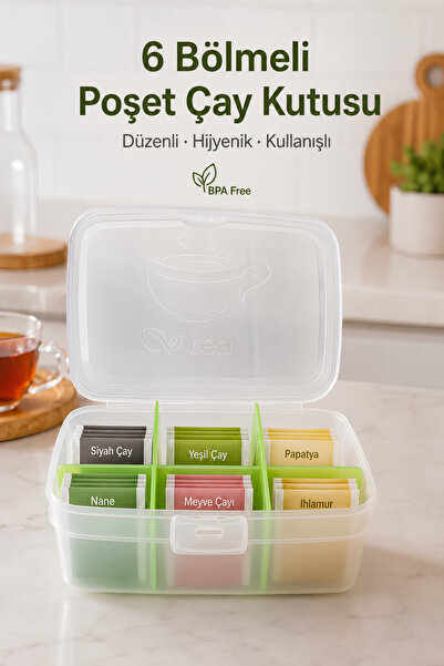CALVERA 6 Bölmeli Kapaklı Poşet Çay Kutusu – BPA Free Çay Organizeri ve Mutfa...