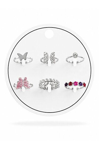 serelya Silver Color Brass Butterfly Detailed 6-Piece Ring Set, Size 7-8