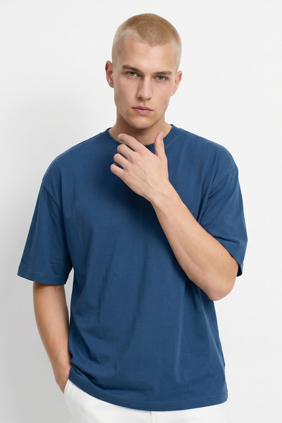 MAXIMILLIAN Men's Indigo Oversize Crew Neck Cotton T-Shirt
