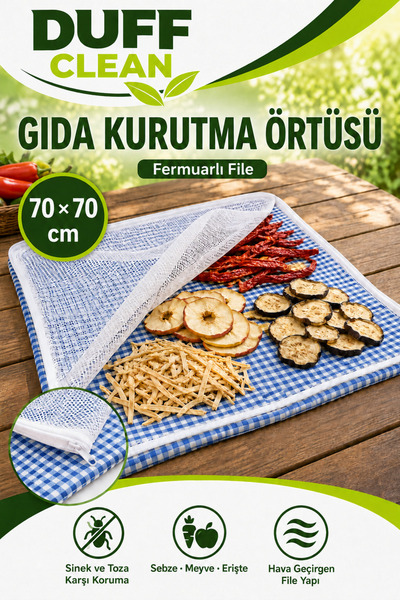 70x70 cm Fermuarlı Fileli Gıda Kurutma Örtüsü