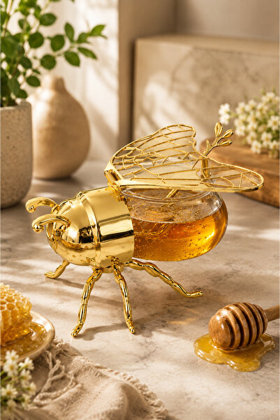 QesQin Glass Fish Honey Jar with Bee Figure and Spoon, Gold Decorative Breakf...