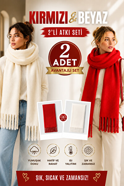 Salt & Sandy Set de 2 eșarfe roșii ecru premium, moi, tip boucle, unisex