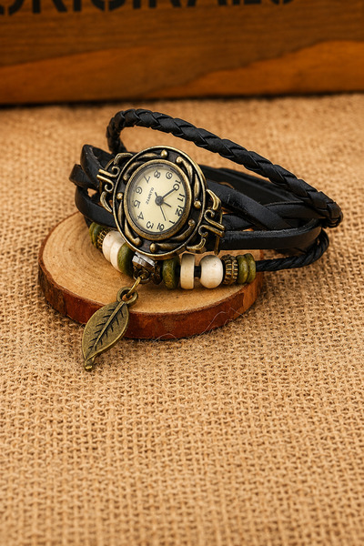 zerelen Vintage Women's Wristwatch Leather Weave Bracelet Leaf Charm Detailed Quartz Watch