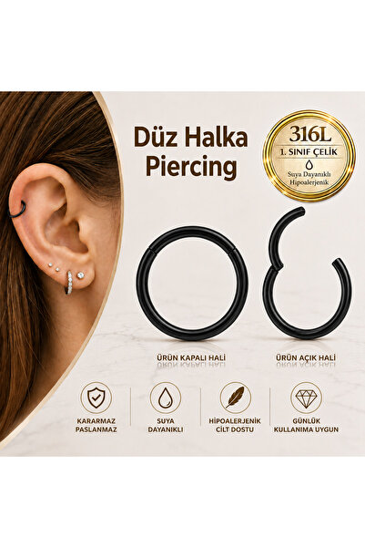 Heppii 316L Cerrahi Çelik Düz Halka Piercing 1.2 mm – 6 8 10 12 mm İç Çap Hel...