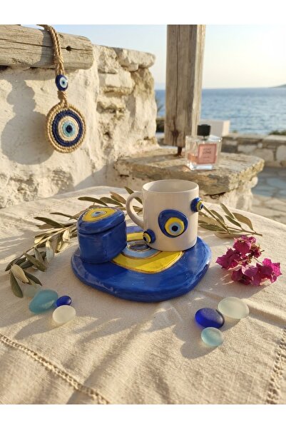 Dekor köşesi Handmade Evil Eye Beaded Coffee Cup and Presentation Set - Desig...