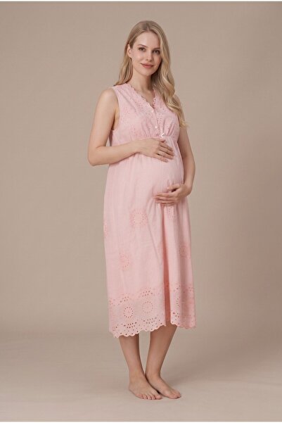 LOHOUSE Women's Powder Scallop Lace Maternity Nightgown Set for Easy Breastfe...