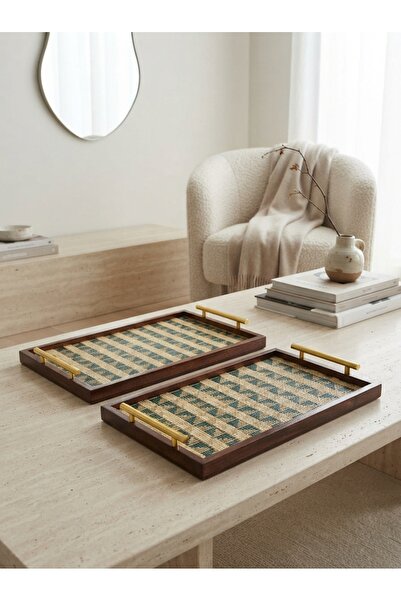 Generic Rectangular Wooden Serving Tray Set Brown/Gold Green with Side Handle...