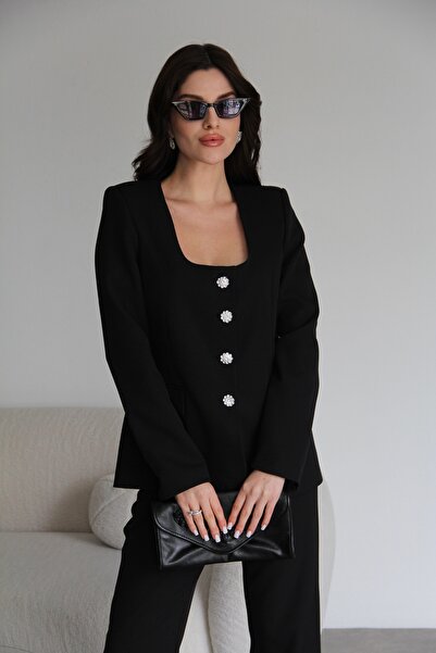 Julidress Open Collar Stone Buttoned Padded Black Blazer Jacket