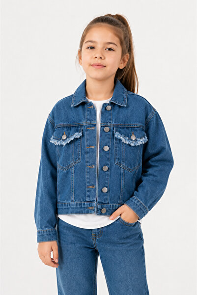 GİYİCEM TEKSTİL Girl's Sparkle Pocket Detailed Denim Jacket 1546-2027