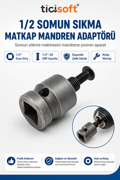 Ticisoft 1/2 Somun Sıkma Makinesi Mandren Adaptörü 1/2"-20 UNF Matkap Chuck D...