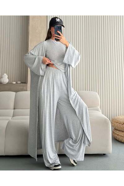 FERZOLAİO Gri Kimono Pantolon Bluz Üçlü Takım