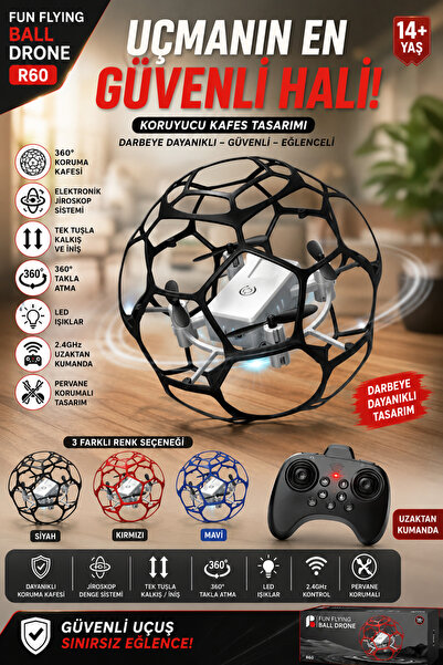 Newiba Teknoloji Fun Flying Ball Drone R60 360° Koruma Kafesli Led Işıklı Uza...