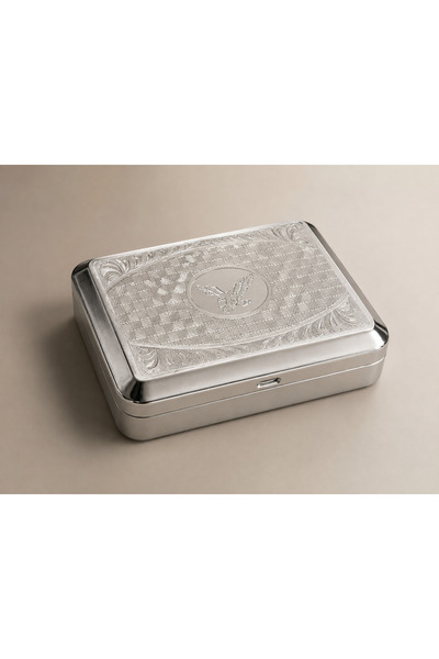 Han Tobacco Desenli Metal Tütün Saklama Kutusu – Battal Boy - Gümüş Renk, Alt...