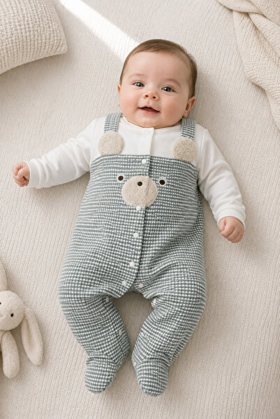 My Babies Label بدلة لحديثي الولادة بتصميم منقوش وتفاصيل دب لطيف - 100% قطن