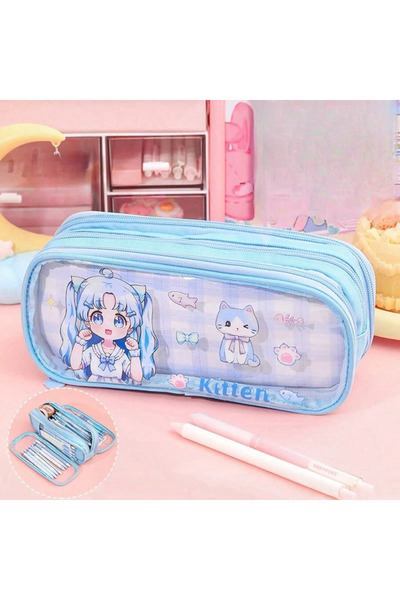 Fillikutum Kawaii Anime 3 Bölmeli Geniş Kapasiteli Büyük Boy Kalemlik Kalem Kutusu Mor Pembe Mavi Renk Seçenekli