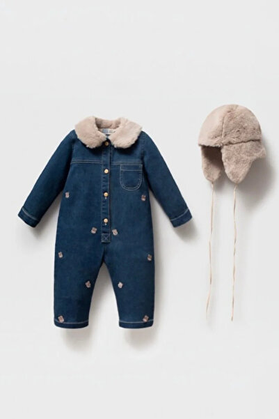 Tuğra Bebe Unisex Bebek Peluş Yakalı Ayıcık Nakışlı Kot Tulum ve Şapka 2’li T...