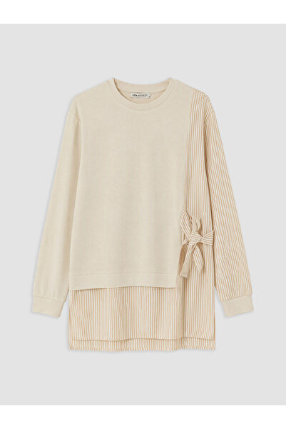 LC Waikiki Bej Çizgili Soft Touch Kadın Sweatshirt Tunik