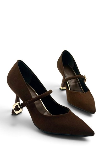 besoin shoes store Matte Satingold Buckle Detailed Thin Heeled Shoes Stiletto 9 cm