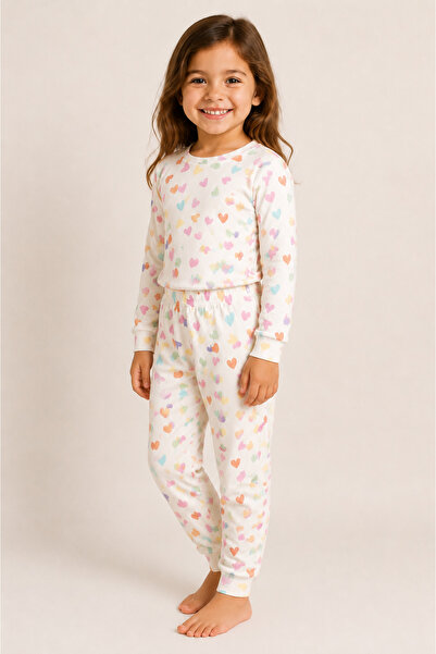 Kız Çocuk Renkli Kalp Desenli Uzun Kollu Pijama Takımı