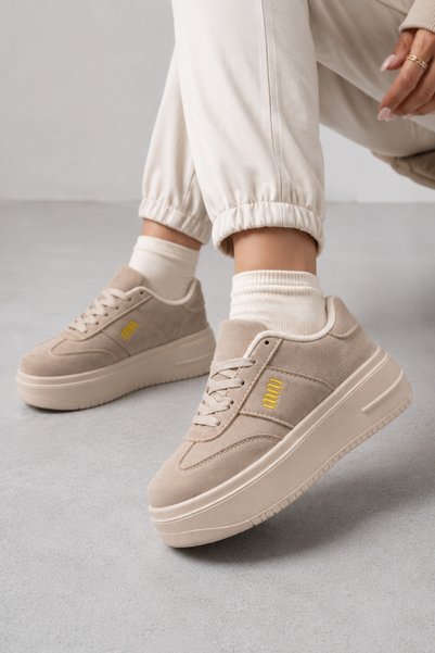 Encool Women's Beige Sneaker Casual Sports Shoes Thick High Sole Comfortable Lace-Up Casual Shoes