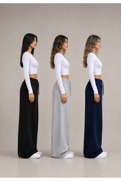 BRACCİX Women's Sweatpants Set of 3 Black Gray Navy Blue Comfortable Fit Anti-Sweat Daily Wear