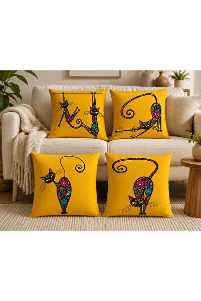 ALAMODECOR Σετ 4 μαξιλαροθηκών με πολύχρωμο σχέδιο γάτας, μοντέρνας σχεδίασης...